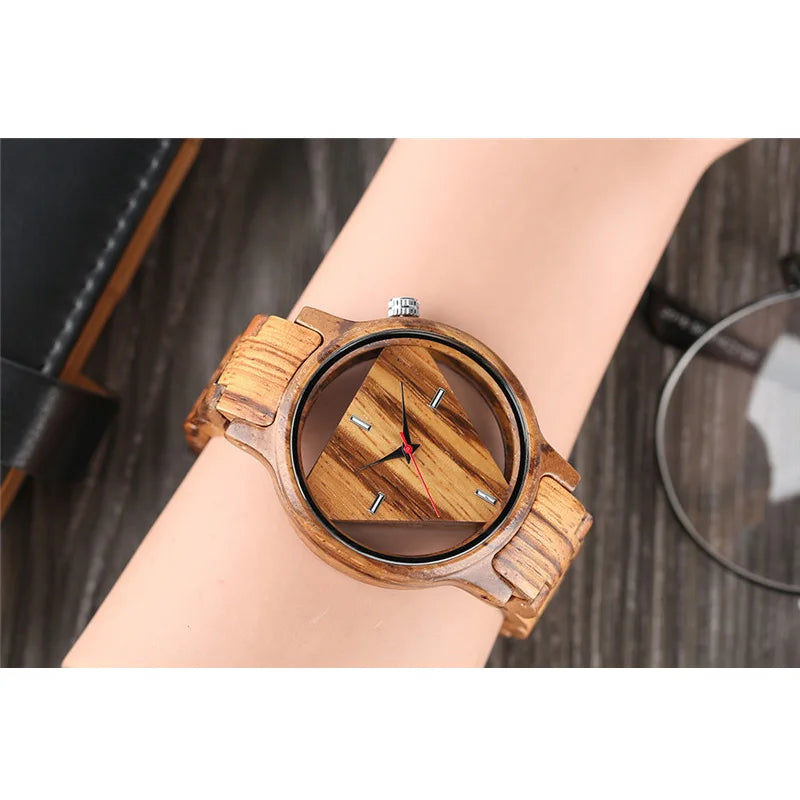 Novel Casual Trendy Gift Push Button Hidden Clasp Bamboo  Wrist Watch Quartz Nature Wood Women Hollow Handmade  Bangle Men