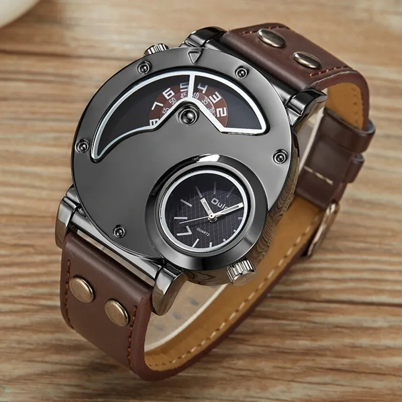 Oulm Dual Time Elegance: Designer Luxury Quartz Watch for Men – A Casual Leather Sport Timepiece, a Symbol of Modern Masculinity