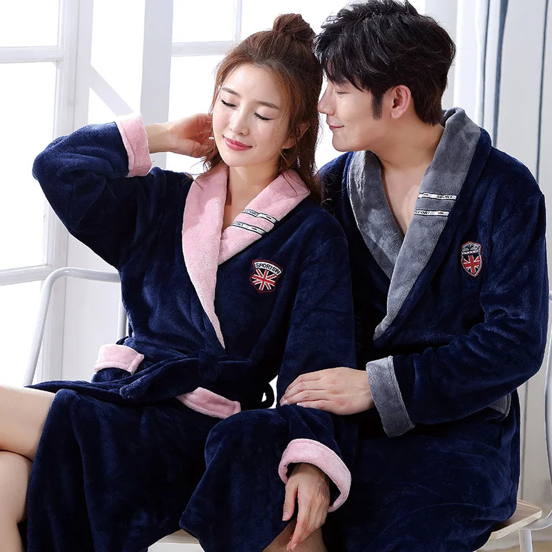 Winter Warmth Embrace: Coral Fleece Kimono Robe for Couples – Stay Cozy with Thick, Warm Nightwear in Sizes M to 3XL