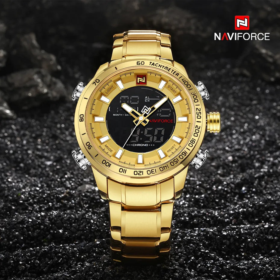 NAVIFORCE Luxury Gold Quartz Men's Sport Watch: LED Display, Waterproof, and Military Style - A Brand for the Stylish Man (Relogio Masculino)