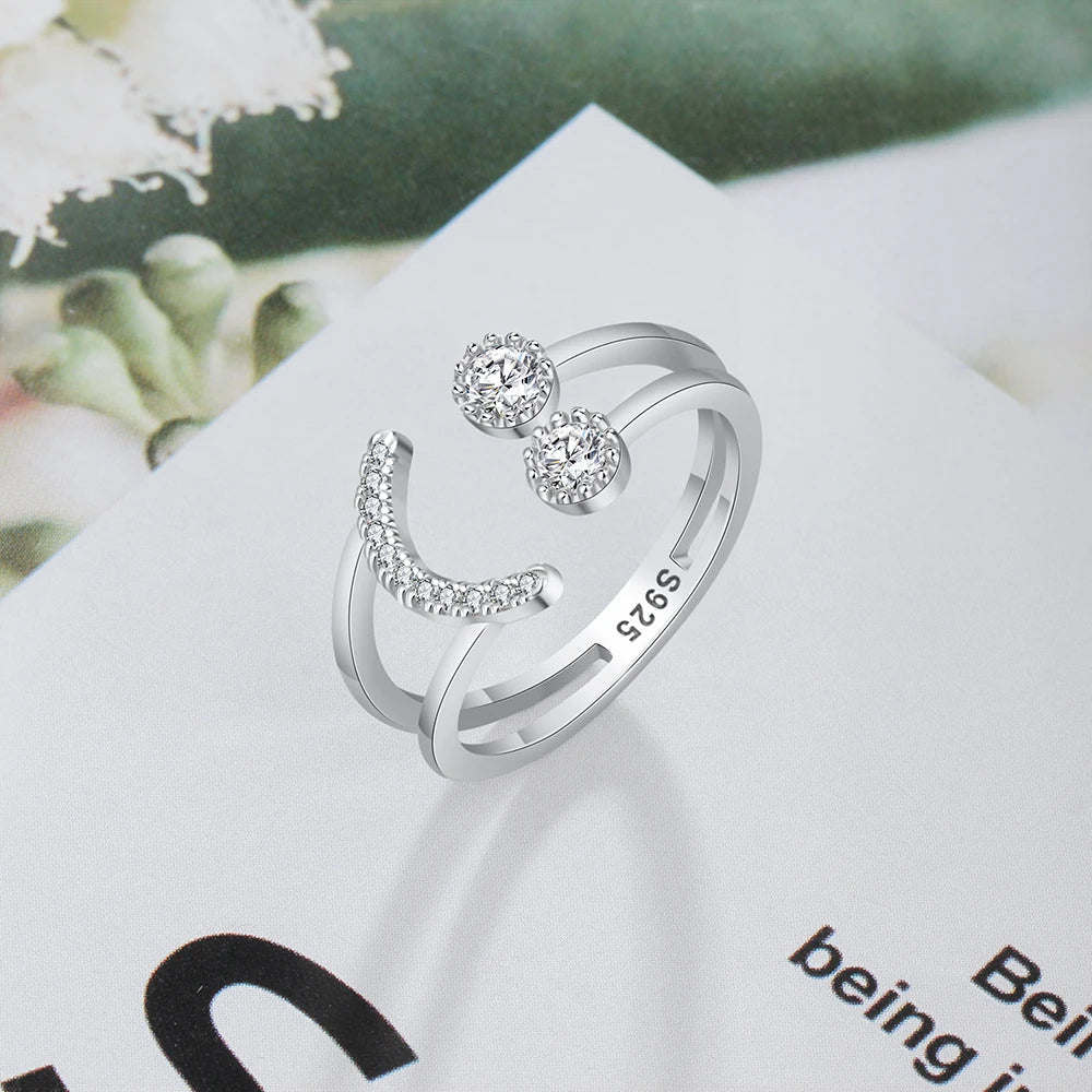 Silver Ring Sparkling Cubic Zirconia Smile Face Design Adjustable Ring S925 Silver Jewelry (Lam Hub Fong)