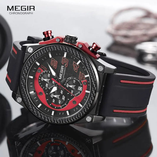 Megir Men's Chronograph Quartz Watches for Male Waterproof Luminous Wristwatch with Rubber Strap for Boys Man 2051G-1N8