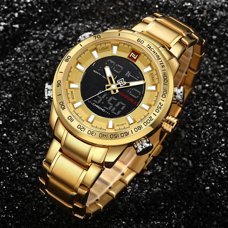 NAVIFORCE Luxury Gold Quartz Men's Sport Watch: LED Display, Waterproof, and Military Style - A Brand for the Stylish Man (Relogio Masculino)