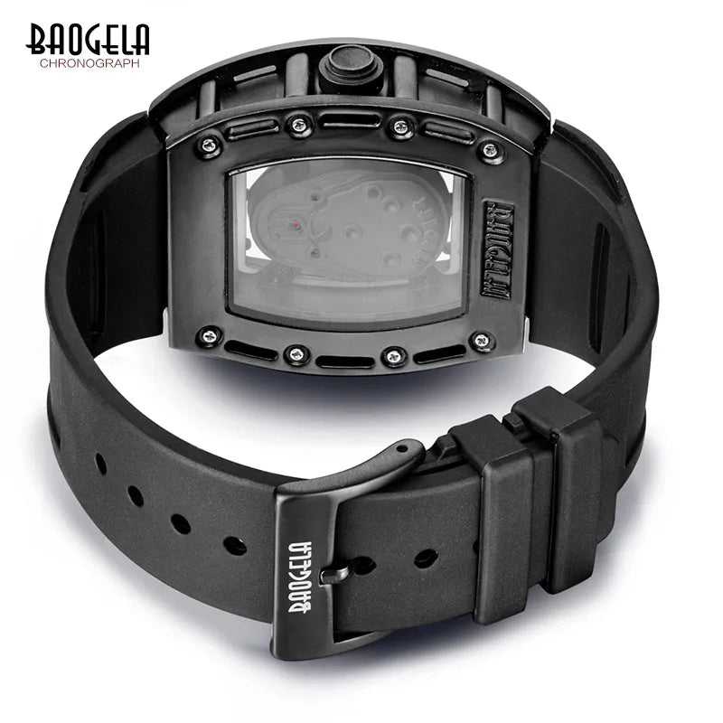 Baogela Skull Luminance Men Military Style Quartz Watch (1612 Series) with Skeleton Design Bold Rectangle Dial and Black Silicone Charm