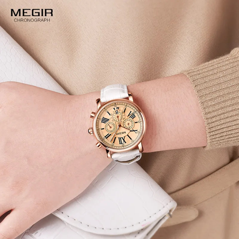 Timeless Elegance: Megir Women's White Leather Strap Chronograph Quartz Watch