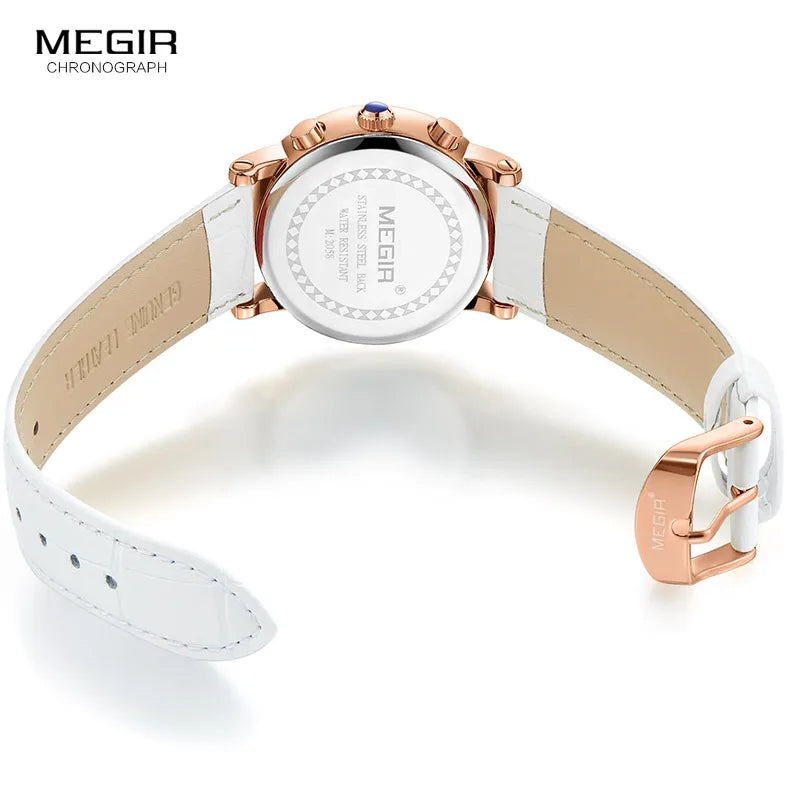 Timeless Elegance: Megir Women's White Leather Strap Chronograph Quartz Watch