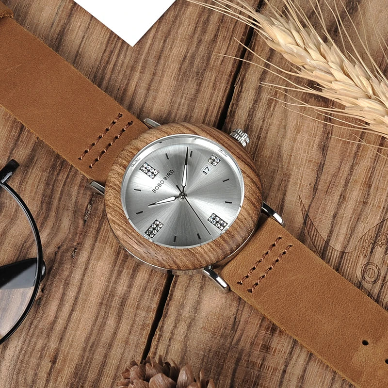 Women's Wooden Watch: Newest Fashion Quartz Timepiece with Calendar Date, Imitate Diamond Gems, and Stylish Wood Box