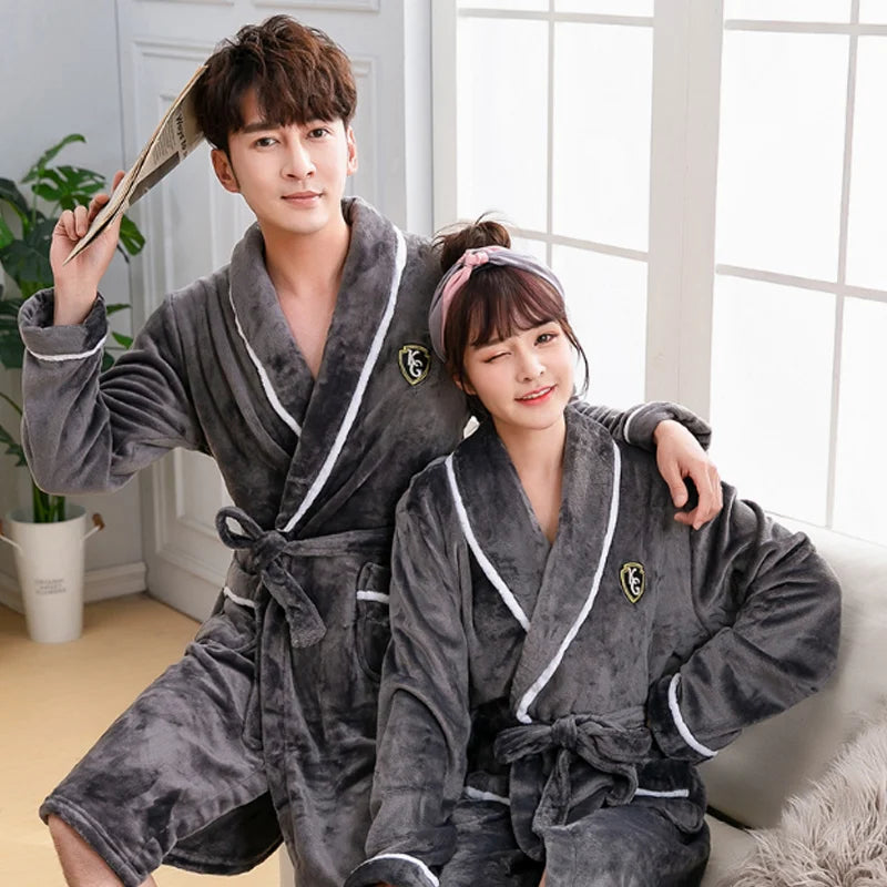 Winter Warmth Embrace: Coral Fleece Kimono Robe for Couples – Stay Cozy with Thick, Warm Nightwear in Sizes M to 3XL