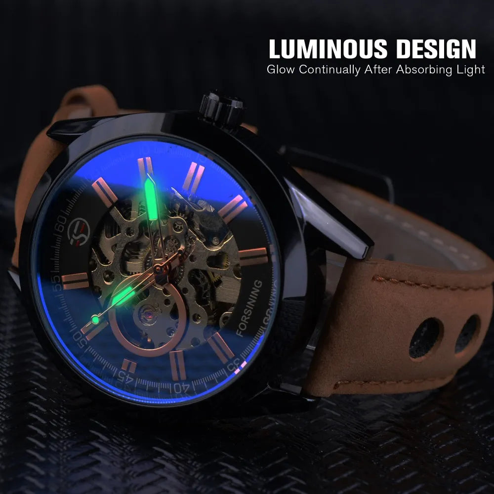 Forsining Men's Military Automatic Mechanical Sport Watch: Blue Light Glass, Leather Strap, Skeleton Luminous Timekeeping