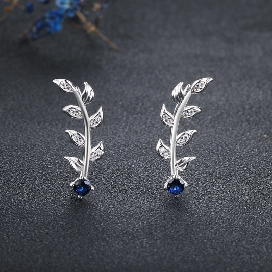 Royal Blue Ear Leaves Branch 925 Sterling Silver Stud Earrings for Women Wedding Jewelry(Lam Hub Fong)