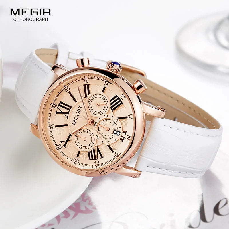 Timeless Elegance: Megir Women's White Leather Strap Chronograph Quartz Watch