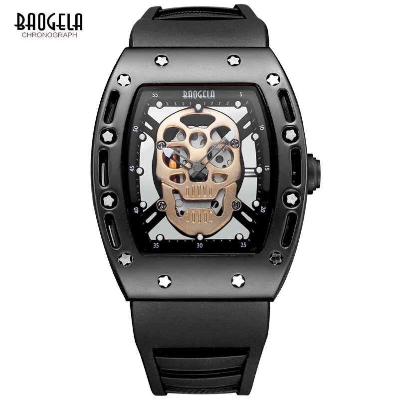 Baogela Skull Luminance Men Military Style Quartz Watch (1612 Series) with Skeleton Design Bold Rectangle Dial and Black Silicone Charm