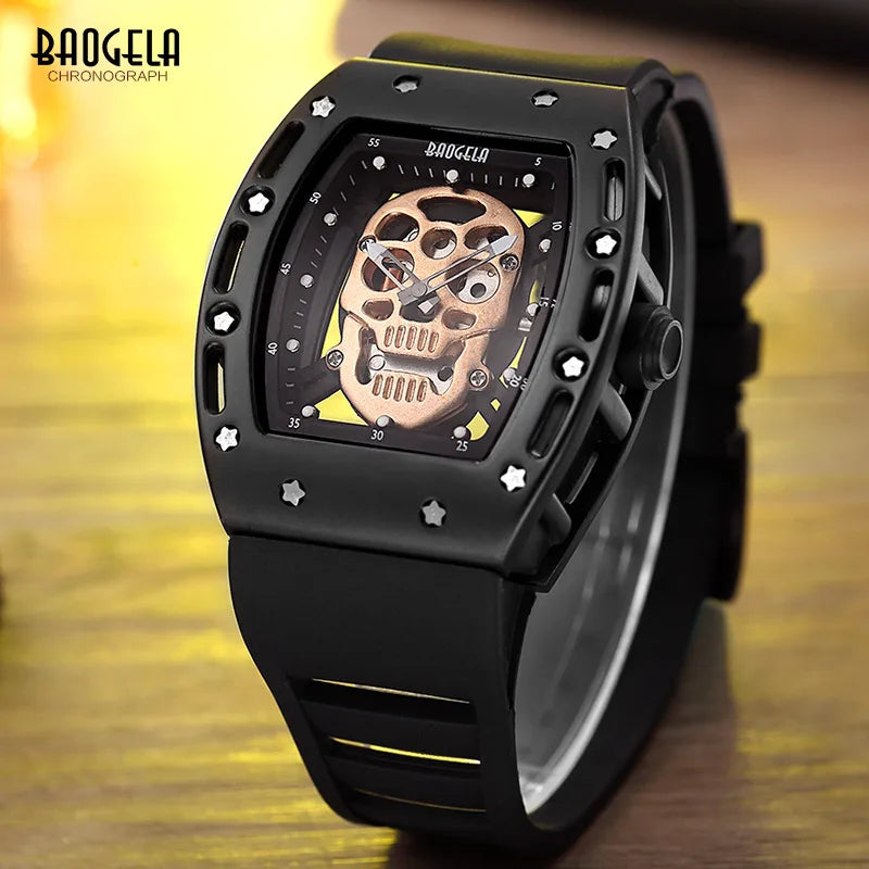 Baogela Skull Luminance Men Military Style Quartz Watch (1612 Series) with Skeleton Design Bold Rectangle Dial and Black Silicone Charm