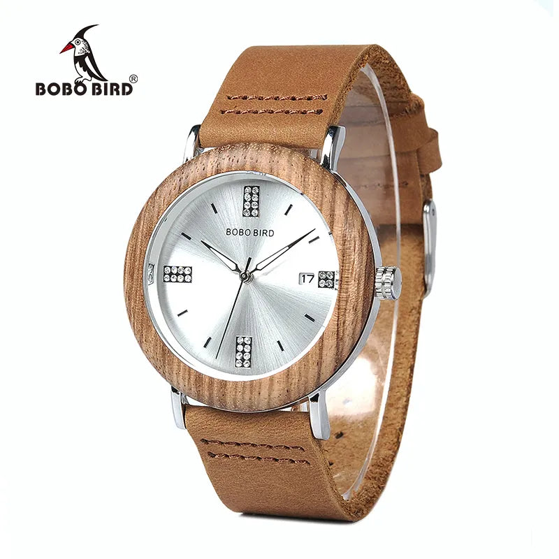 Women's Wooden Watch: Newest Fashion Quartz Timepiece with Calendar Date, Imitate Diamond Gems, and Stylish Wood Box