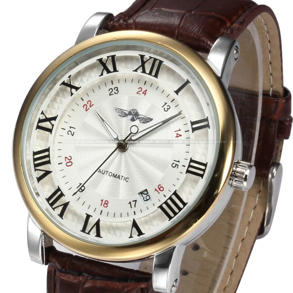 WINNER Top Brand Gold Sport Wristwatch – Self-Wind Automatic Mechanical Calendar, a Stylish Leather Timepiece for Men