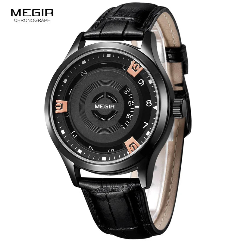 Stylish Black Leather Quartz Watch for Men MEGIR 1067