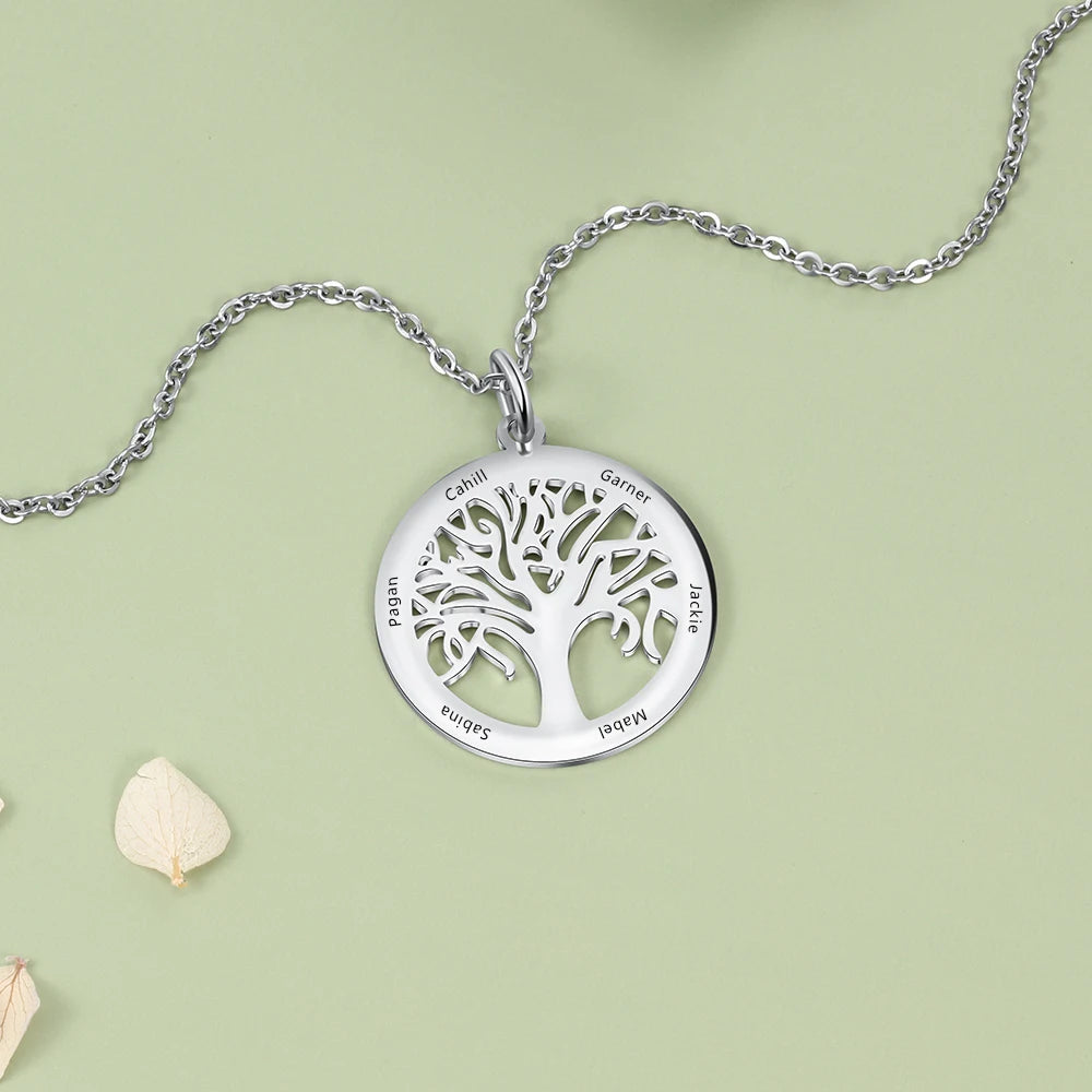 Tree Necklace Custom 6 Names Tree of Life Stainless Steel Pendant Necklace Gift for Mother (Lam Hub Fong)