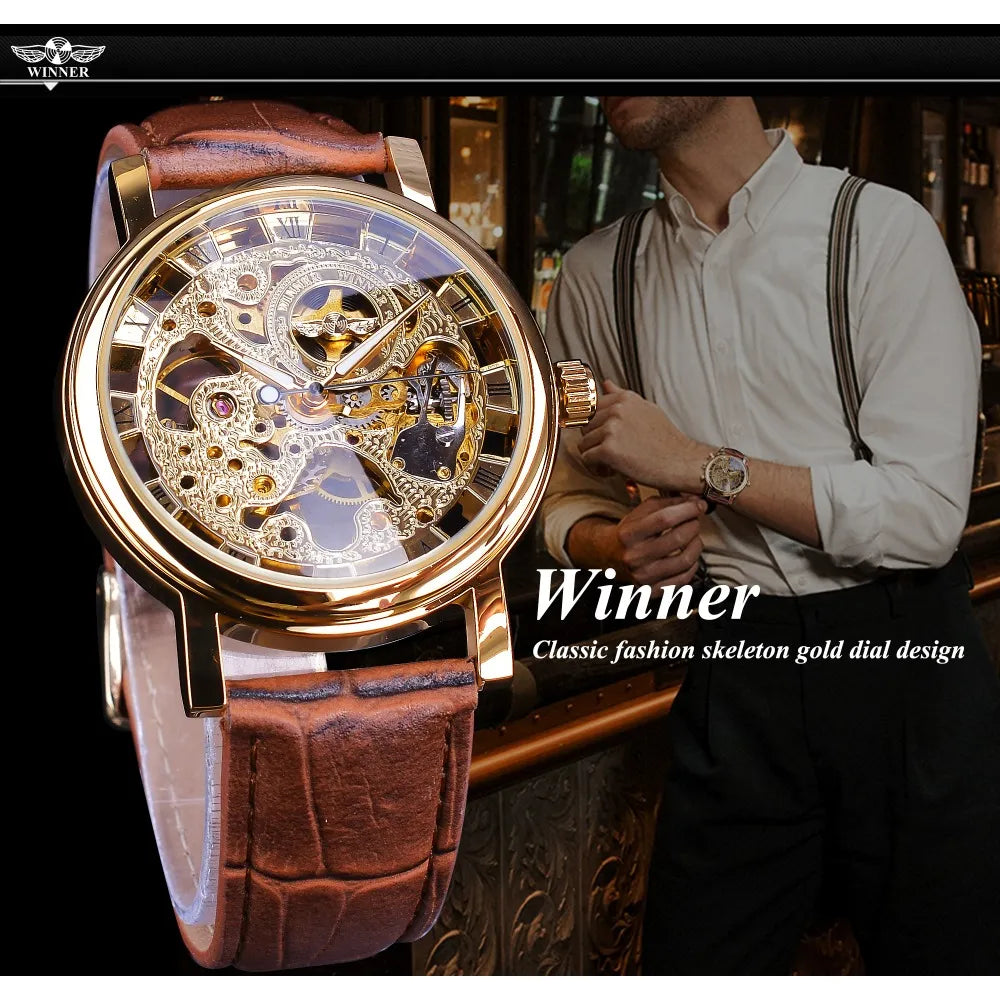 Winner's Elegance Transparent Golden Luxury with a Casual Design – Mechanical Skeleton Watch for Men with a Brown Leather Strap