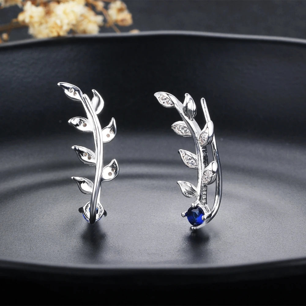 Royal Blue Ear Leaves Branch 925 Sterling Silver Stud Earrings for Women Wedding Jewelry(Lam Hub Fong)