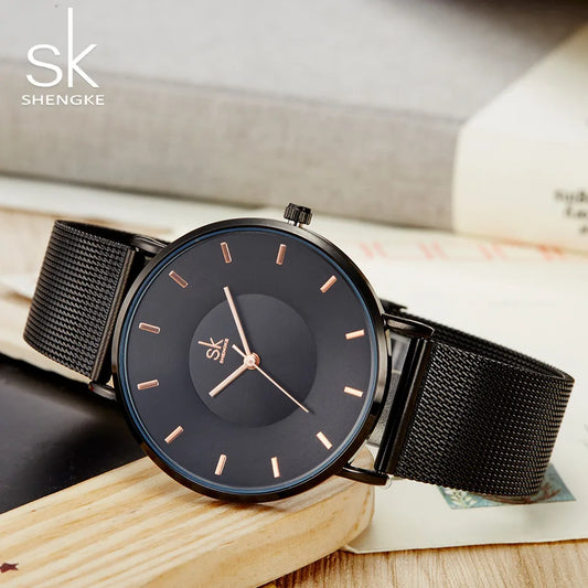 Shengke Ultra-Thin Classic Black Women's Quartz Watch: A Fashion Statement with Adjustable Mesh Strap (Montre Femme)