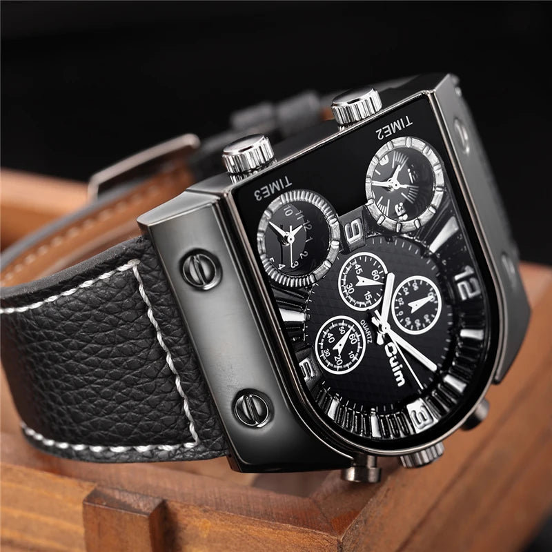 Oulm Masterpiece: Men's Casual Quartz Watch with Leather Strap – A Sports-Inspired Timepiece Featuring Multi-Time Zones for the Modern Military Man