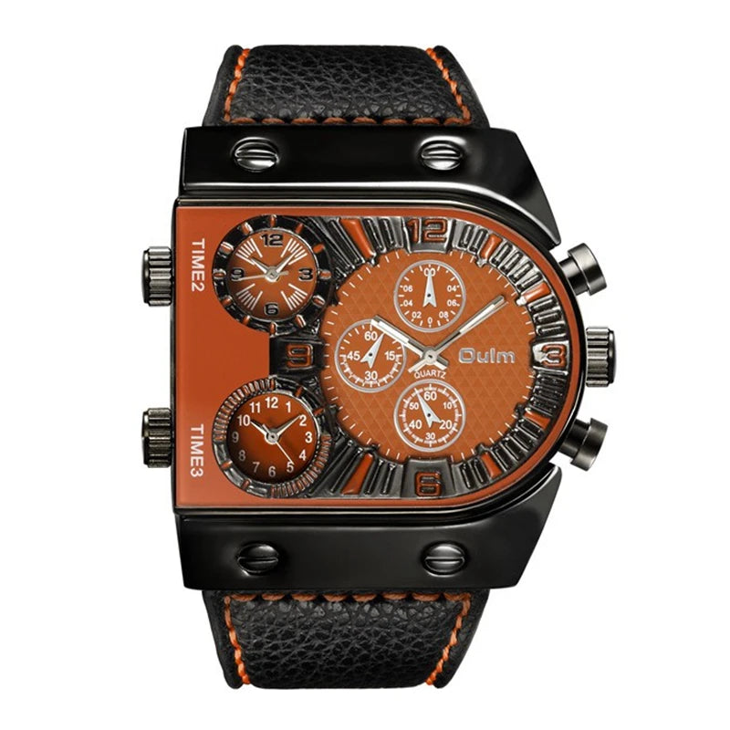 Oulm Masterpiece: Men's Casual Quartz Watch with Leather Strap – A Sports-Inspired Timepiece Featuring Multi-Time Zones for the Modern Military Man