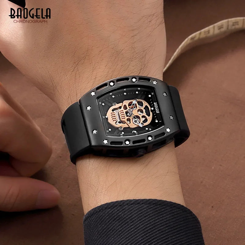 Baogela Skull Luminance Men Military Style Quartz Watch (1612 Series) with Skeleton Design Bold Rectangle Dial and Black Silicone Charm