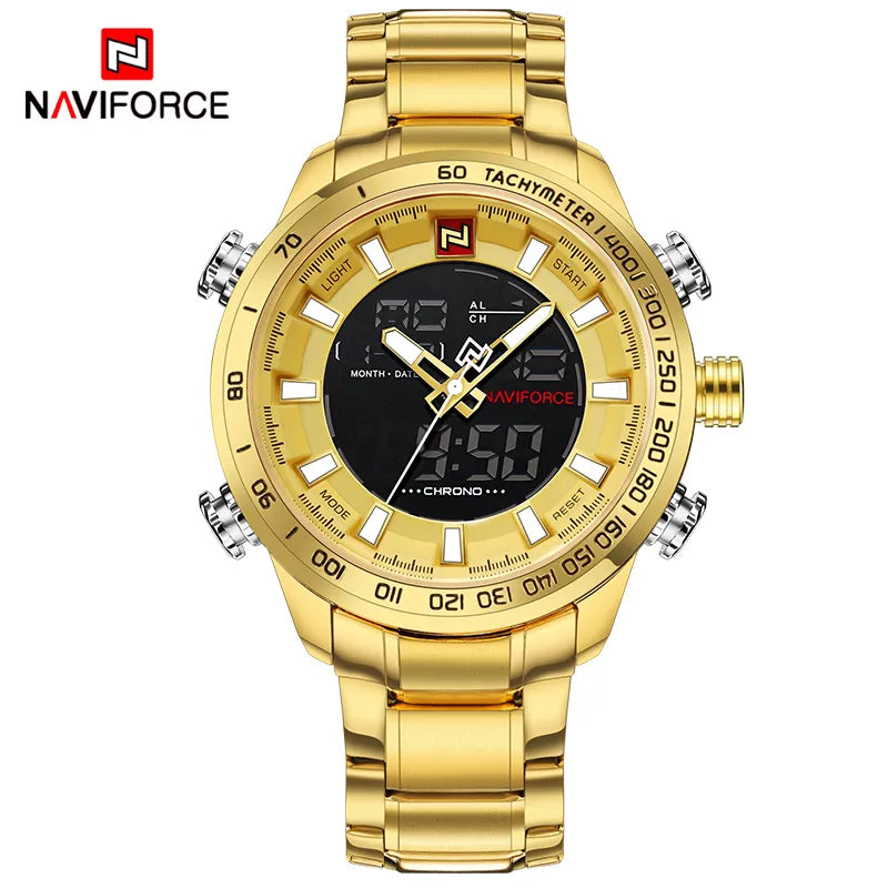 NAVIFORCE Luxury Gold Quartz Men's Sport Watch: LED Display, Waterproof, and Military Style - A Brand for the Stylish Man (Relogio Masculino)