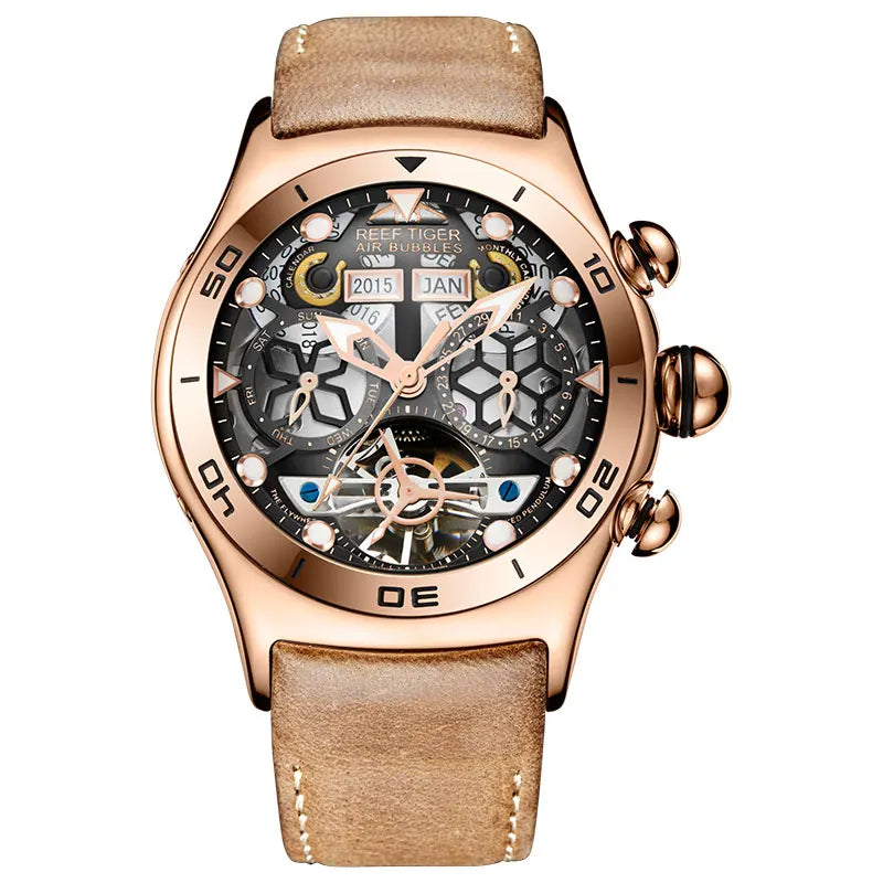 Men's Skeleton Luminous Sport Watch with Automatic Movement, Showcasing Year, Month, Date, and Day in Elegant Rose Gold