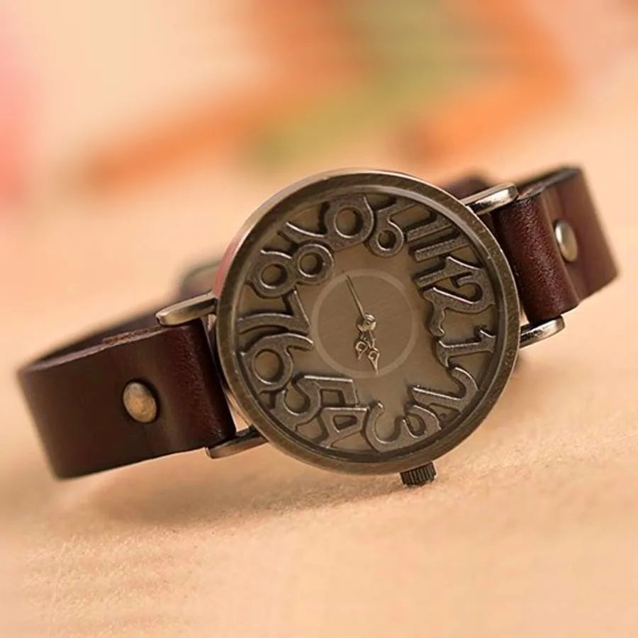 Women's Vintage Digital Hollow Dress Watch: Genuine Cow Leather Strap, Student Leisure Timepiece (Female Quartz Watch)