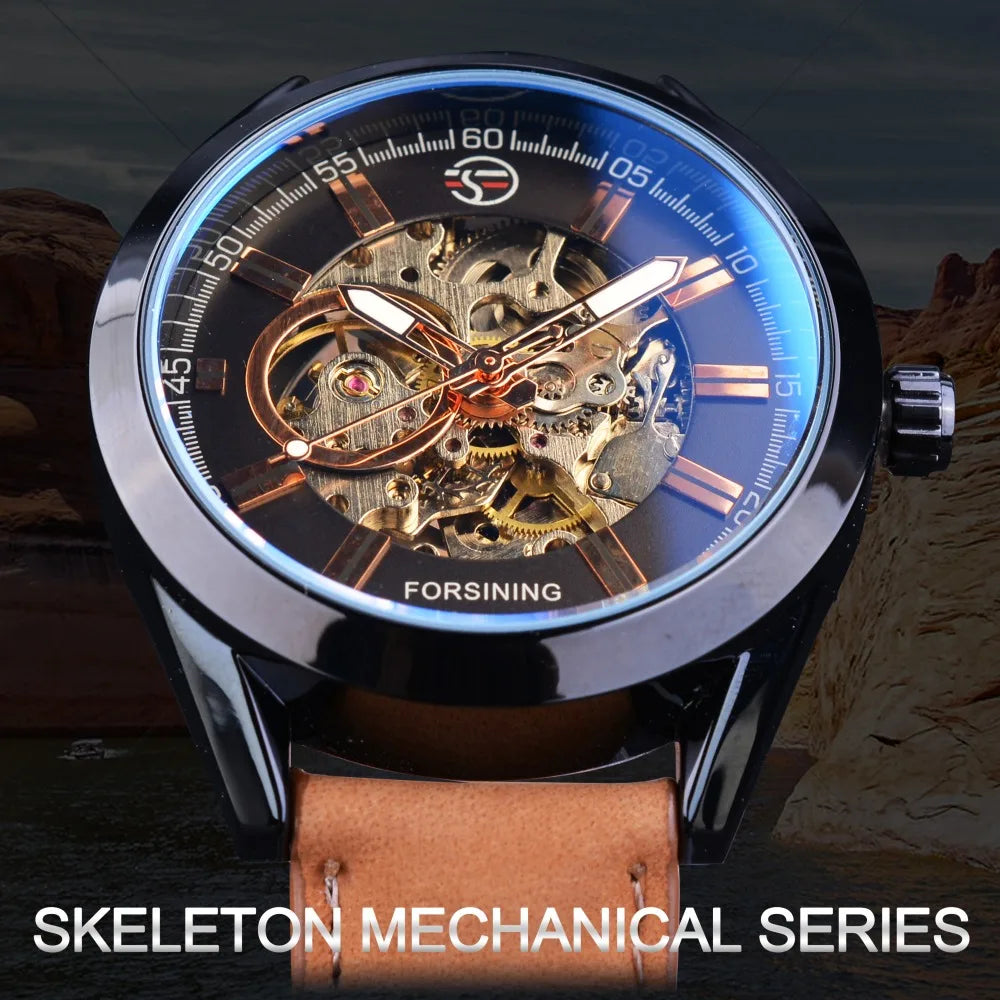 Forsining Men's Military Automatic Mechanical Sport Watch: Blue Light Glass, Leather Strap, Skeleton Luminous Timekeeping