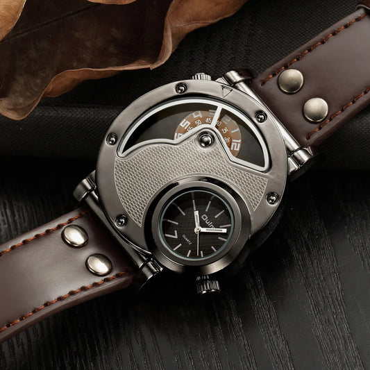 Oulm Dual Time Military Quartz Watch – Casual Style, Antique Design.