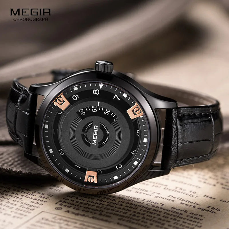 Stylish Black Leather Quartz Watch for Men MEGIR 1067