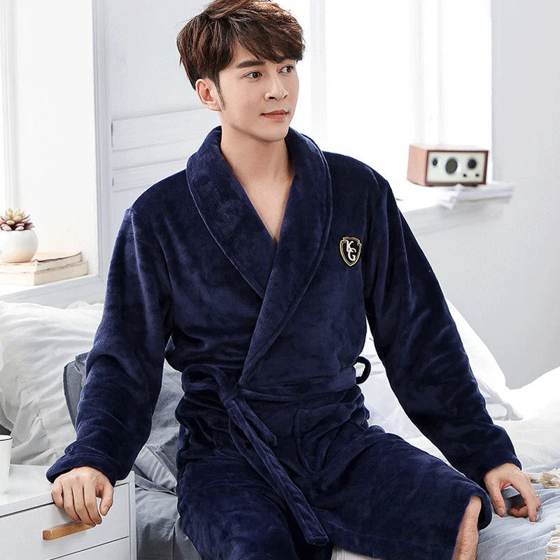 Men Casual Kimono Bathrobe Autumn Winter Flannel Long Robe Thick Warm Sleepwear Plus Size 3XL Nightgown Male Loose Home Wear