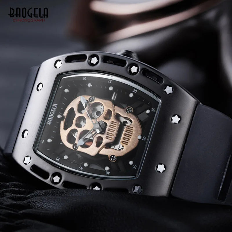 Baogela Skull Luminance Men Military Style Quartz Watch (1612 Series) with Skeleton Design Bold Rectangle Dial and Black Silicone Charm