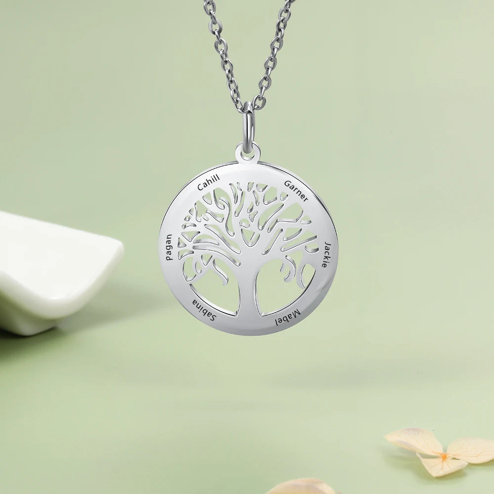 Tree Necklace Custom 6 Names Tree of Life Stainless Steel Pendant Necklace Gift for Mother (Lam Hub Fong)