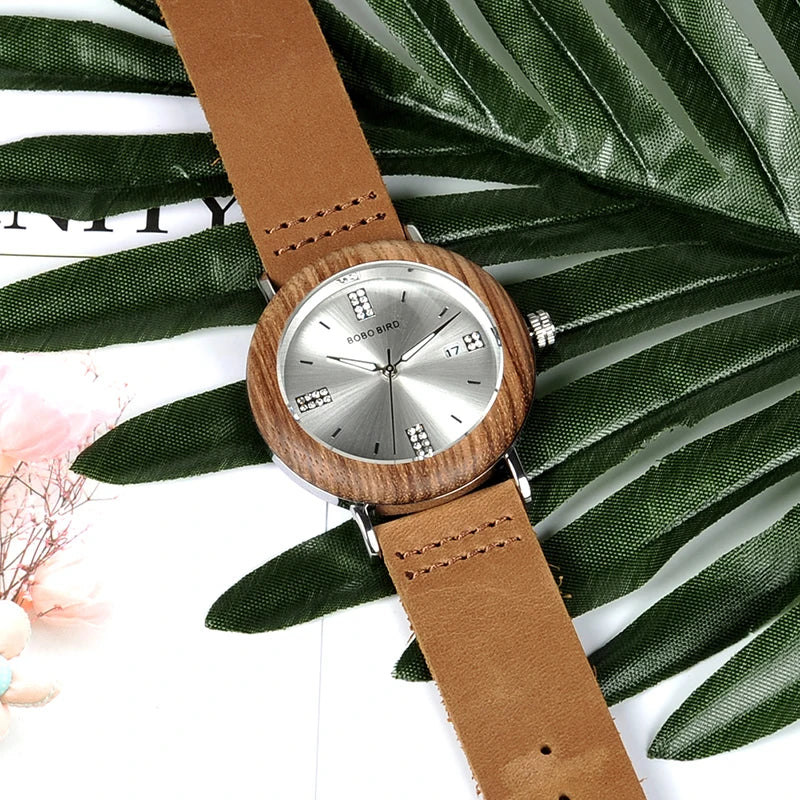 Women's Wooden Watch: Newest Fashion Quartz Timepiece with Calendar Date, Imitate Diamond Gems, and Stylish Wood Box