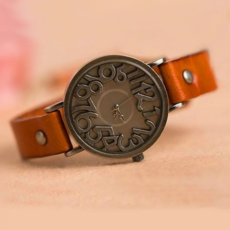 Women's Vintage Digital Hollow Dress Watch: Genuine Cow Leather Strap, Student Leisure Timepiece (Female Quartz Watch)