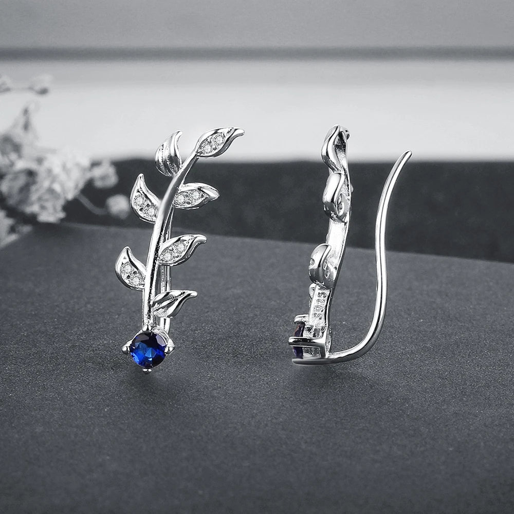 Royal Blue Ear Leaves Branch 925 Sterling Silver Stud Earrings for Women Wedding Jewelry(Lam Hub Fong)