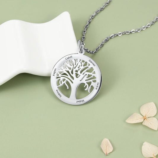 Tree Necklace Custom 6 Names Tree of Life Stainless Steel Pendant Necklace Gift for Mother (Lam Hub Fong)