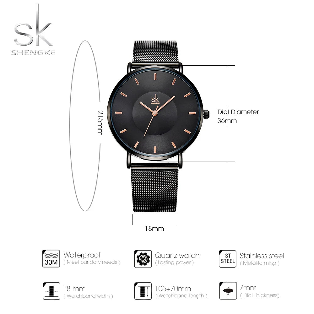 Shengke Ultra-Thin Classic Black Women's Quartz Watch: A Fashion Statement with Adjustable Mesh Strap (Montre Femme)