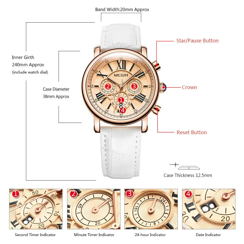 Timeless Elegance: Megir Women's White Leather Strap Chronograph Quartz Watch