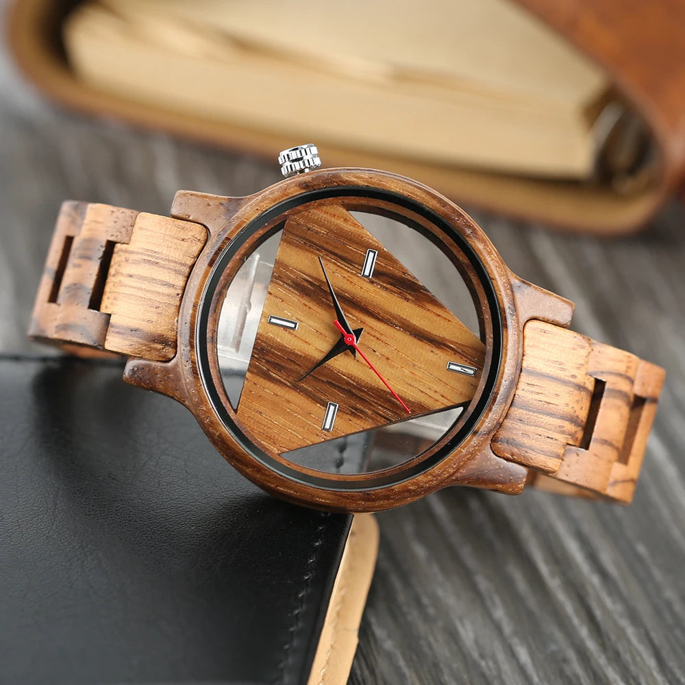 Novel Casual Trendy Gift Push Button Hidden Clasp Bamboo  Wrist Watch Quartz Nature Wood Women Hollow Handmade  Bangle Men