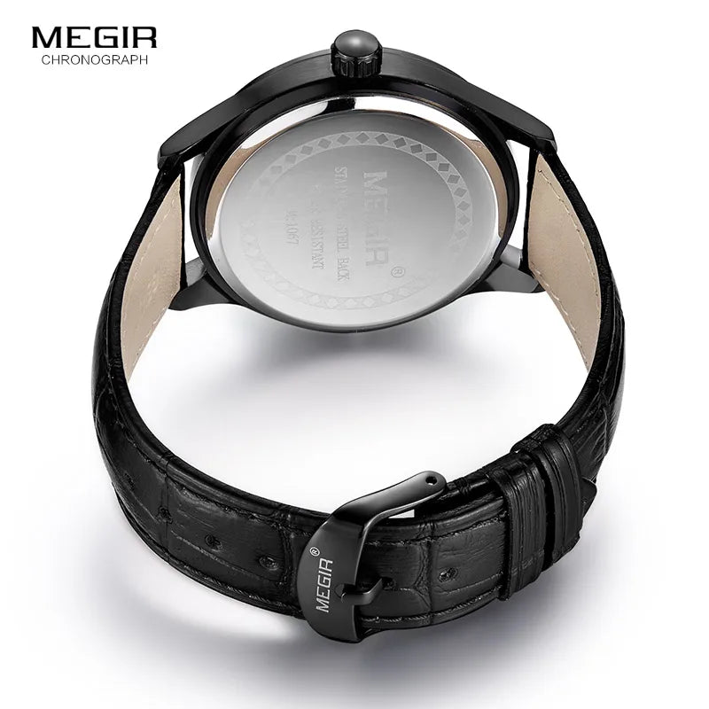 Stylish Black Leather Quartz Watch for Men MEGIR 1067