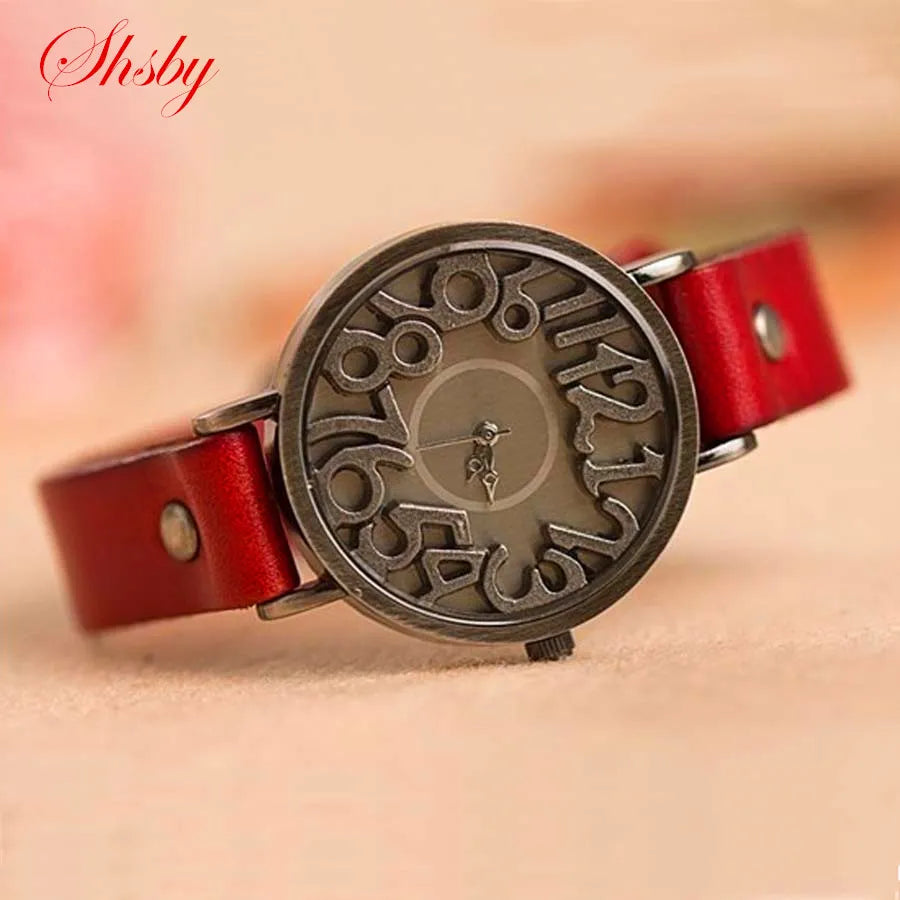 Women's Vintage Digital Hollow Dress Watch: Genuine Cow Leather Strap, Student Leisure Timepiece (Female Quartz Watch)