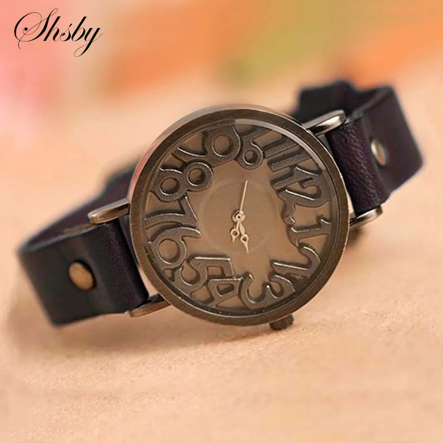 Women's Vintage Digital Hollow Dress Watch: Genuine Cow Leather Strap, Student Leisure Timepiece (Female Quartz Watch)