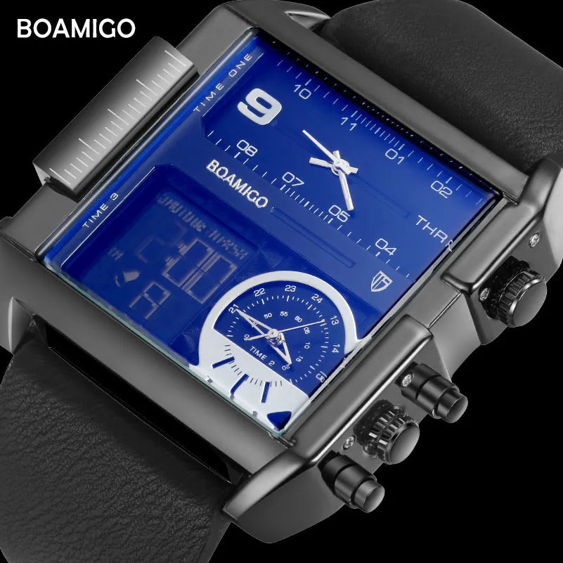 BOAMIGO Men's 3 Time Zone LED Sports Watch A Fashionable Military Inspired Quartz Timepiece with Leather Strap