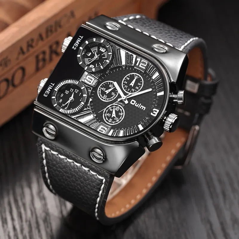 Oulm Masterpiece: Men's Casual Quartz Watch with Leather Strap – A Sports-Inspired Timepiece Featuring Multi-Time Zones for the Modern Military Man