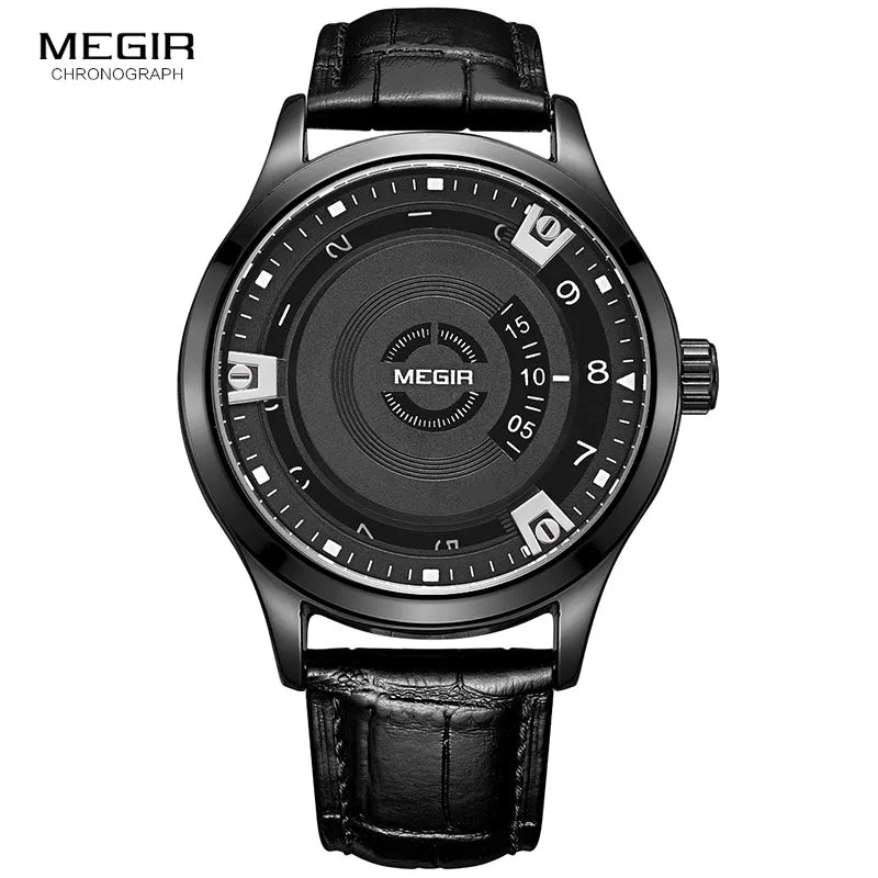 Stylish Black Leather Quartz Watch for Men MEGIR 1067