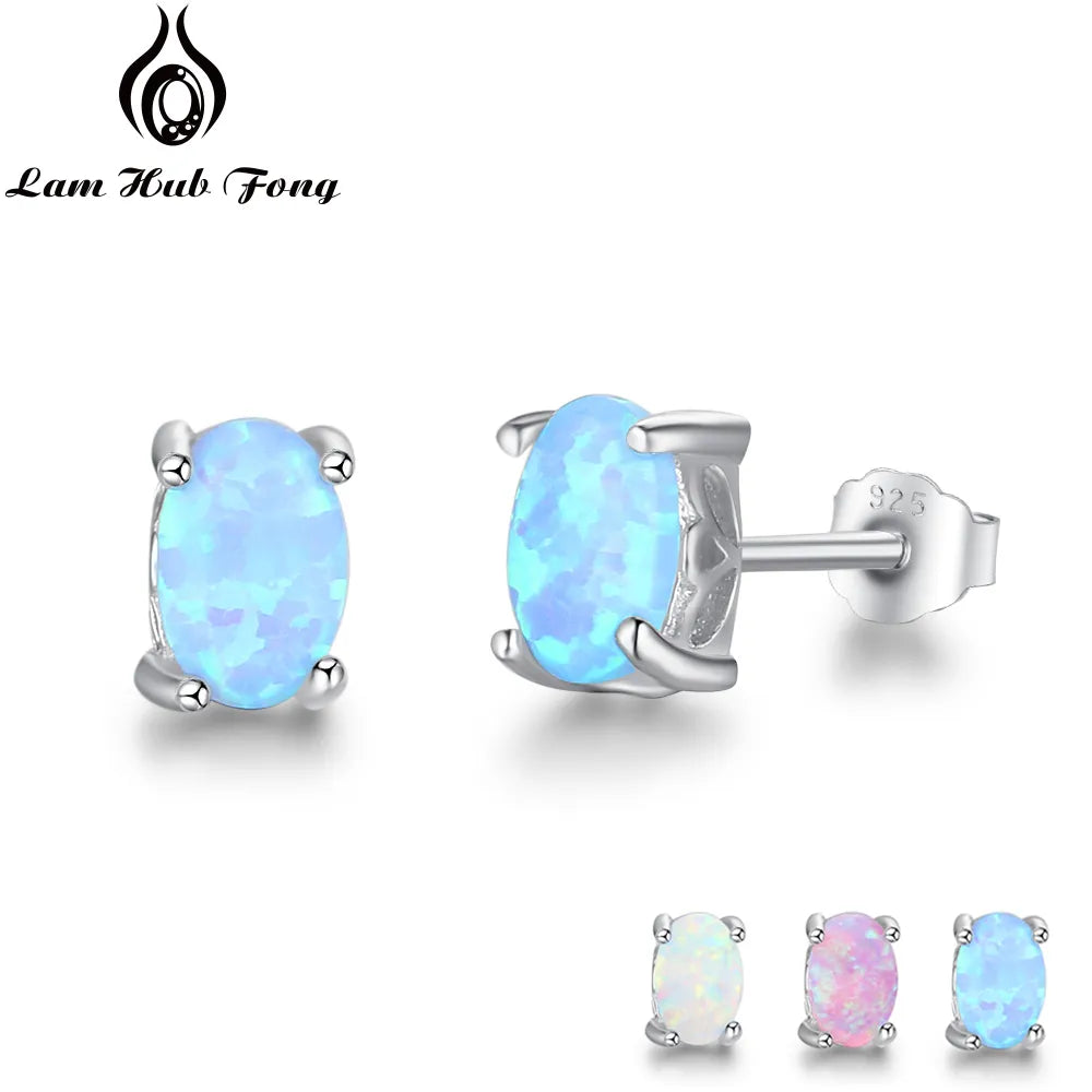 Earrings for Women Cute 4mm Created Oval White Pink Blue Fire Opal Earrings Fine Jewelry (Lam Hub Fong)